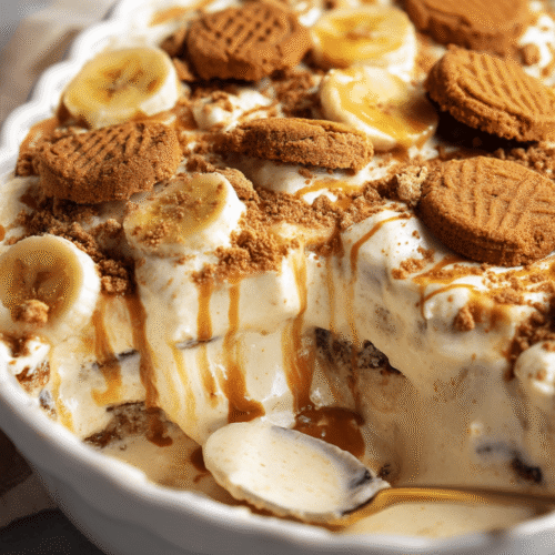 Banana pudding with Biscoff cookies in glass dish