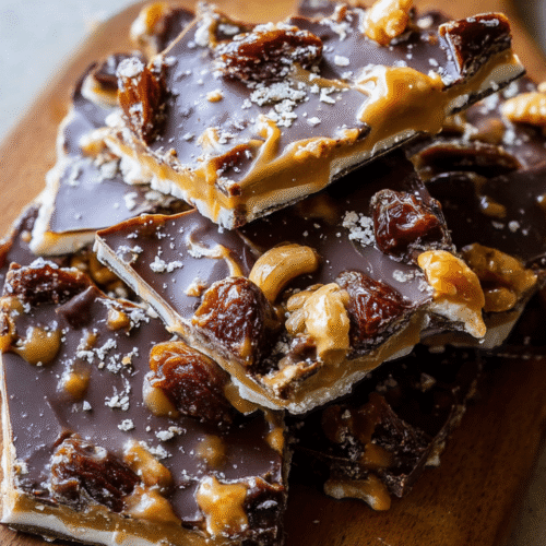 Date chocolate bark broken into pieces with nuts and chocolate