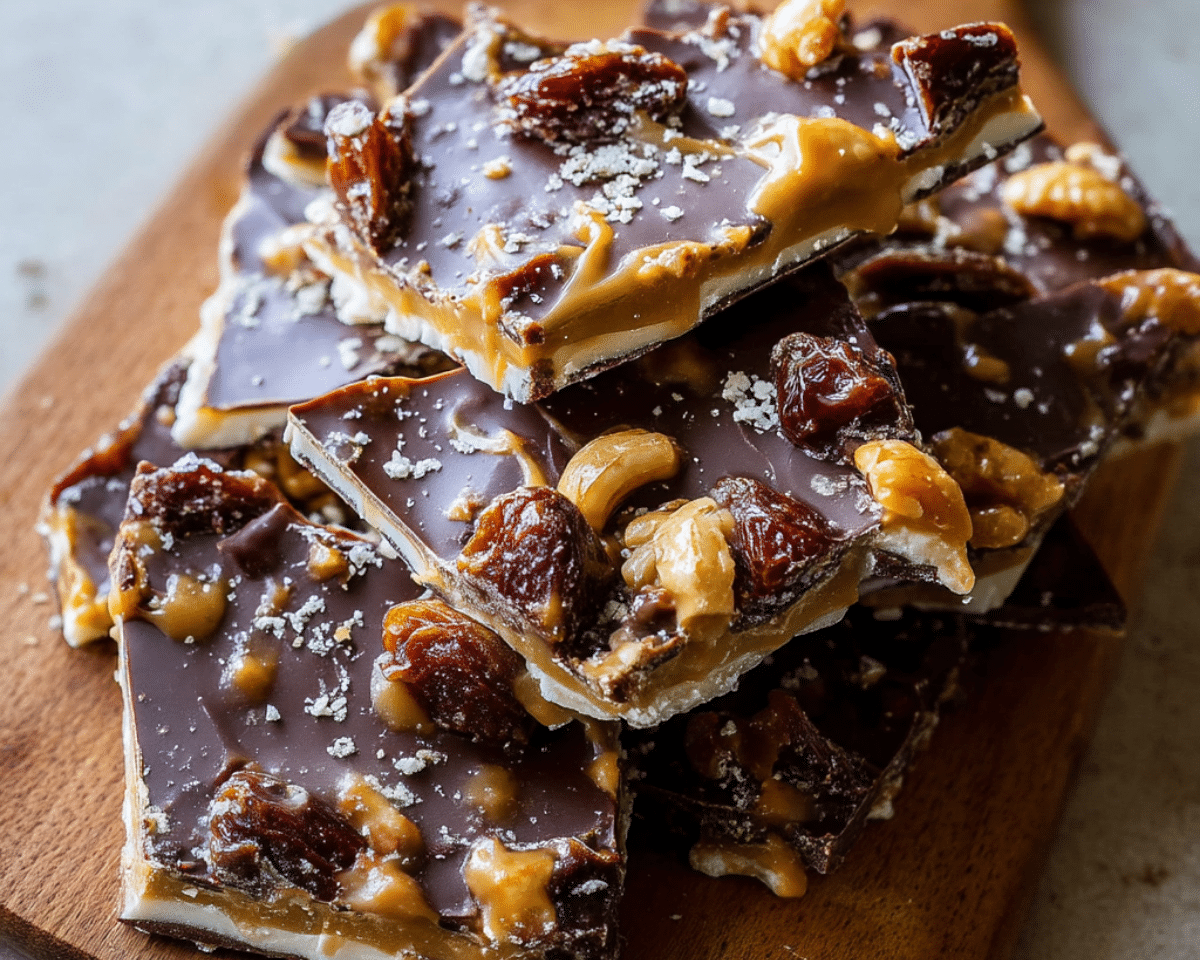 Date chocolate bark broken into pieces with nuts and chocolate