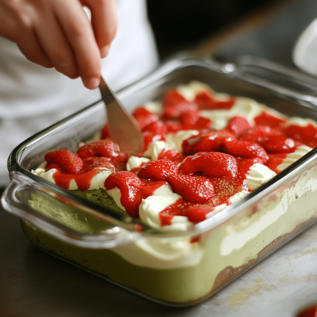 assembling strawberry matcha tiramisu