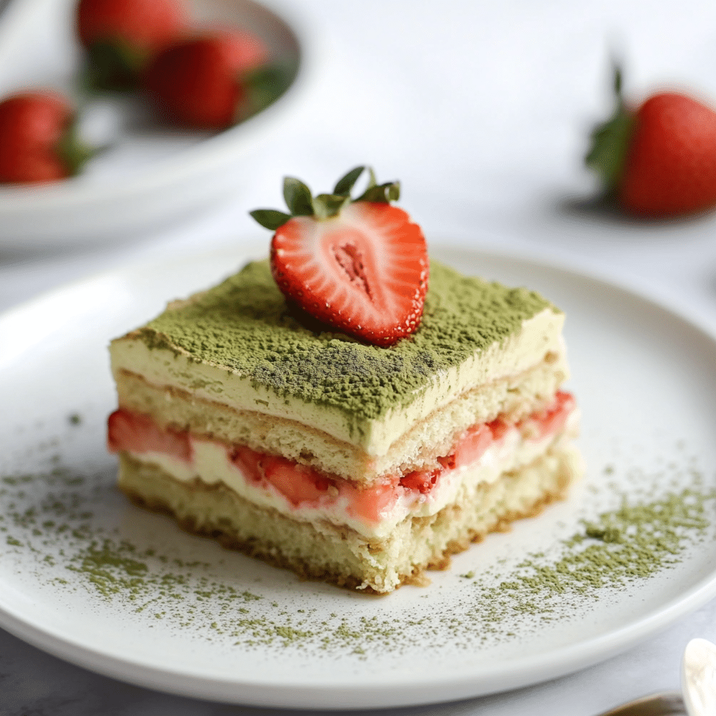 serving of strawberry matcha tiramisu