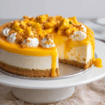 no bake mango cheesecake recipe sliced on white plate