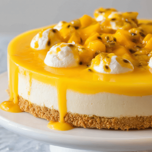 no bake mango cheesecake recipe sliced on white plate