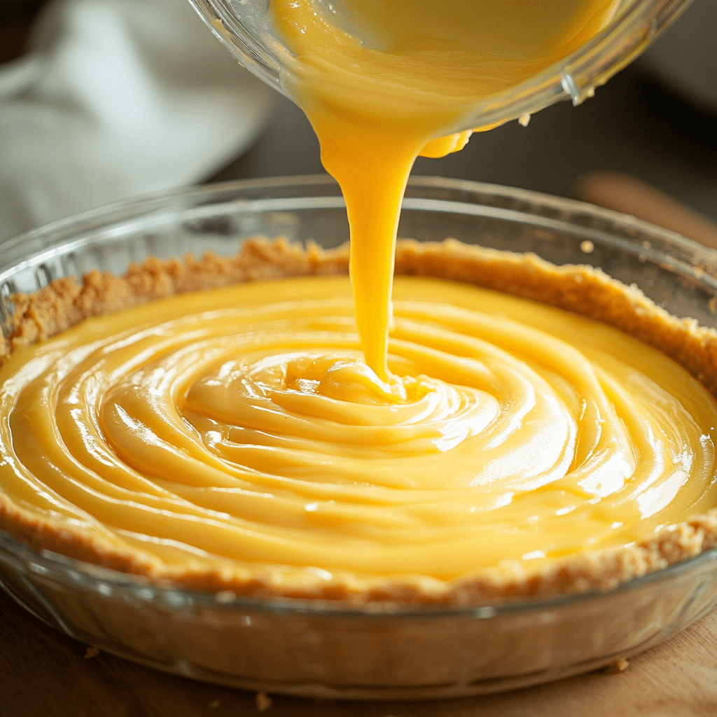 pouring mango filling into cheesecake crust