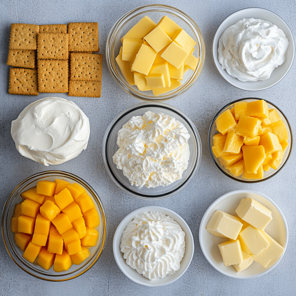 no bake mango cheesecake ingredients laid out