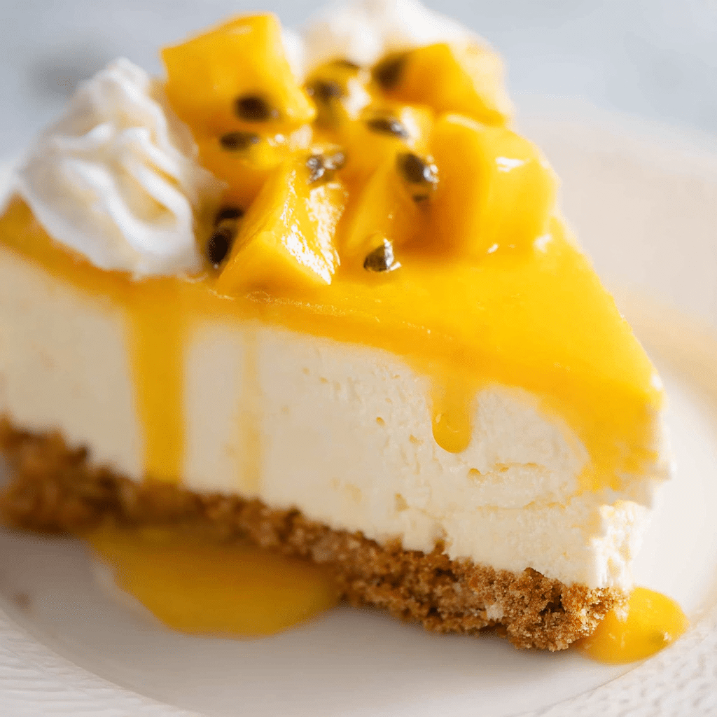 serving slice of no bake mango cheesecake recipe