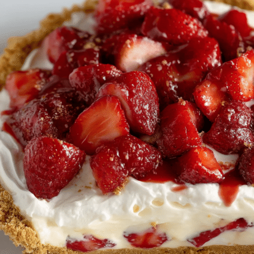 No bake strawberry cream cheese pie on marble surface
