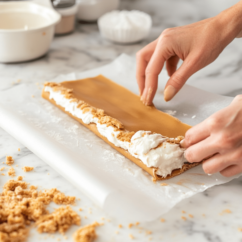 Rolling the Biscoff cake roll with parchment