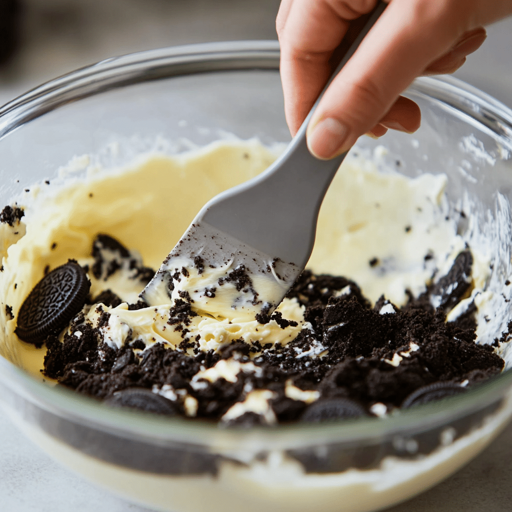 Mixing Oreo cookie crumbs with melted butter