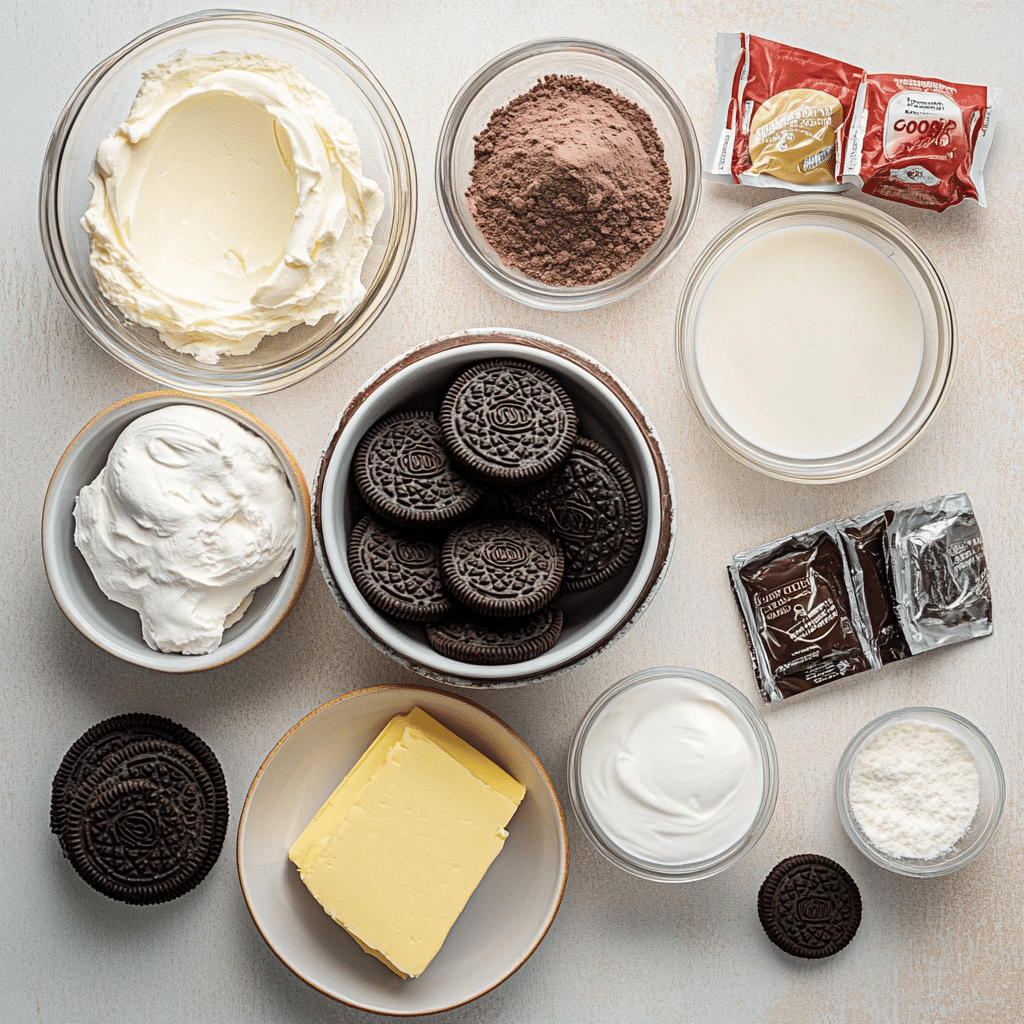 Ingredients for Oreo Lasagna laid out on kitchen counter