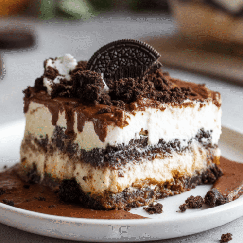 Oreo Lasagna served in a ceramic dish with visible layers