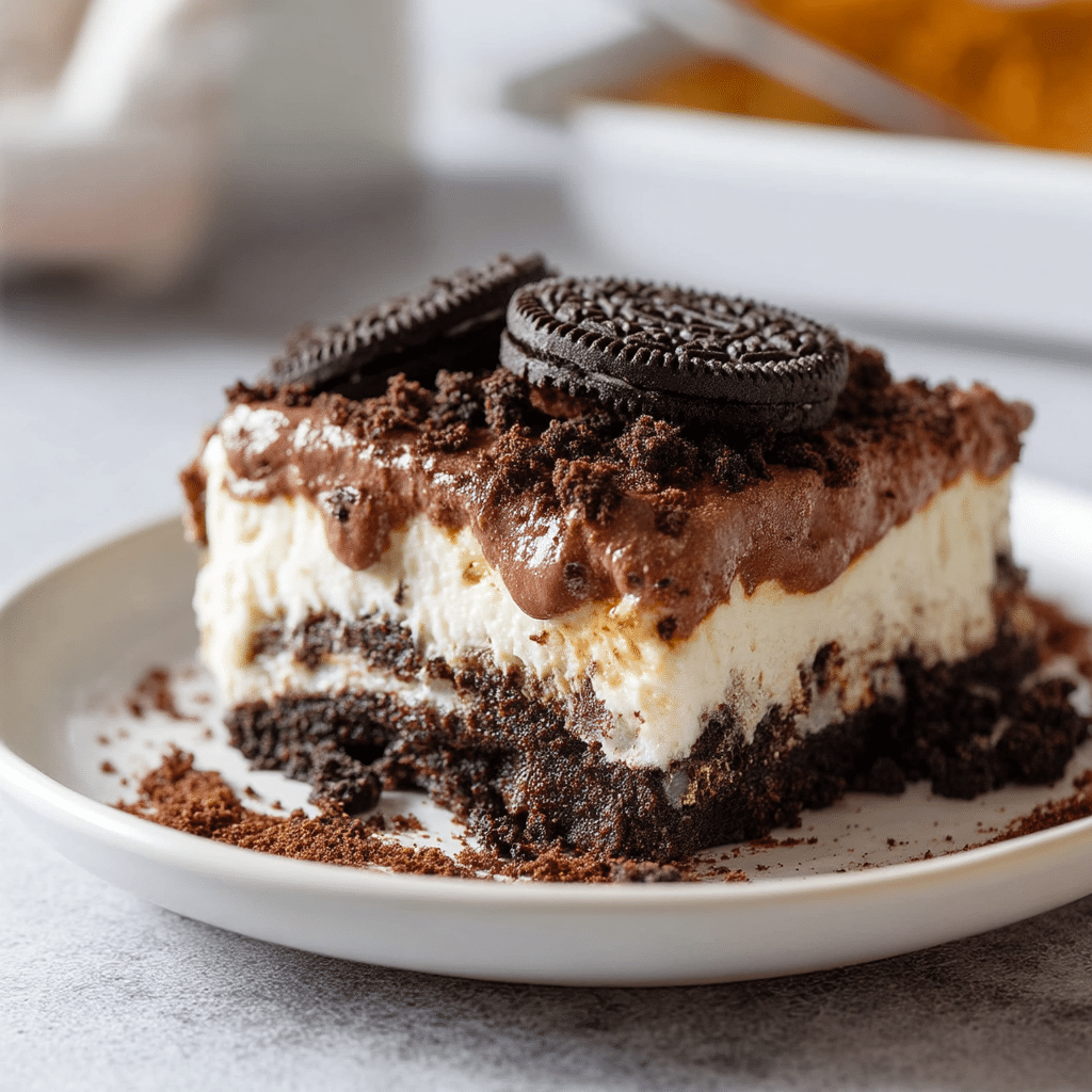 Served slice of Oreo Lasagna topped with crushed cookies