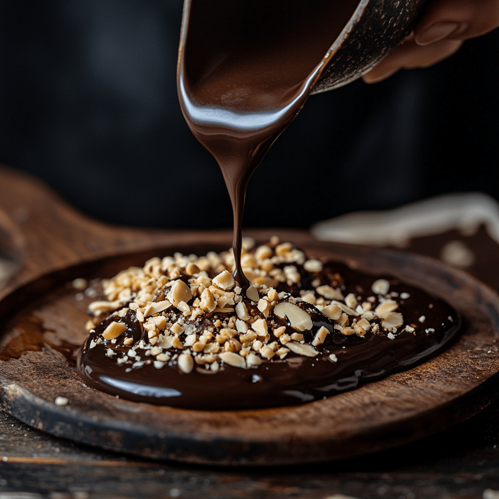 Pouring chocolate over date and peanut butter base