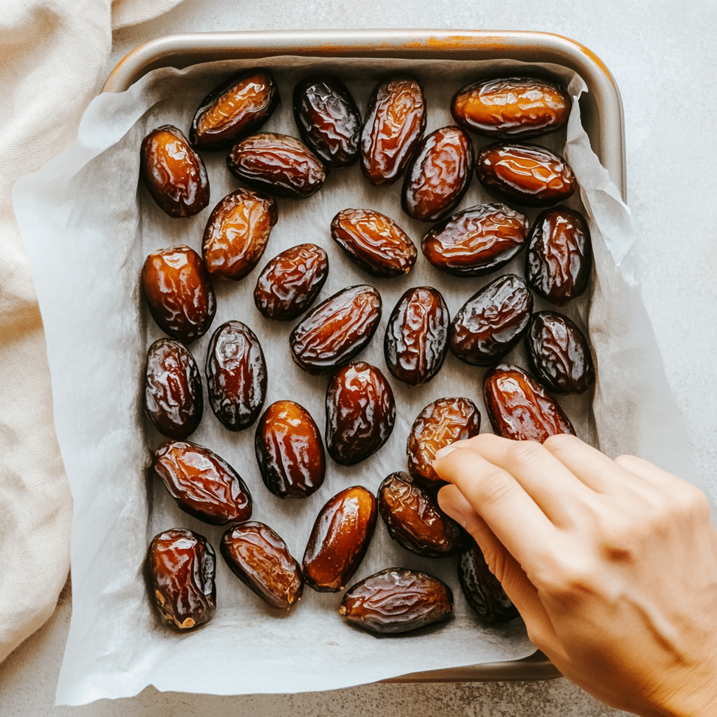 Pressing dates into a tray for chocolate bark