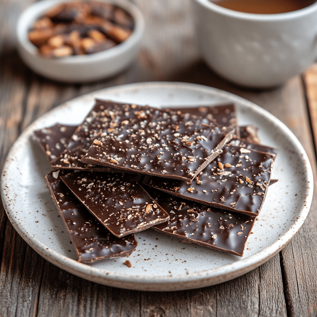 Served pieces of date chocolate bark