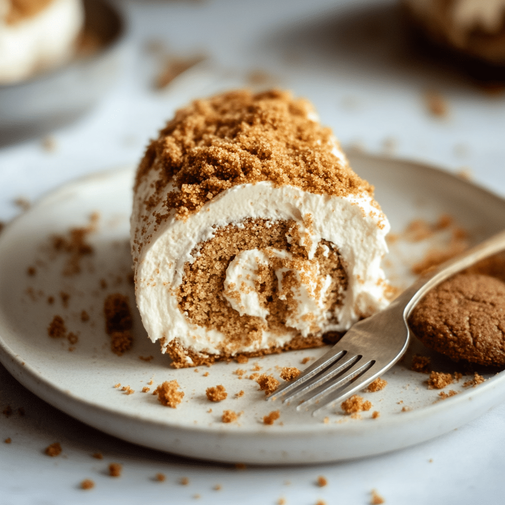 Slice of no-bake Biscoff cake roll on a plate