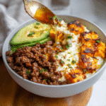 hot honey ground beef bowl recipe card