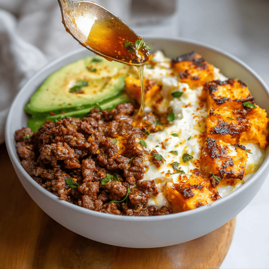 hot honey ground beef bowl recipe card