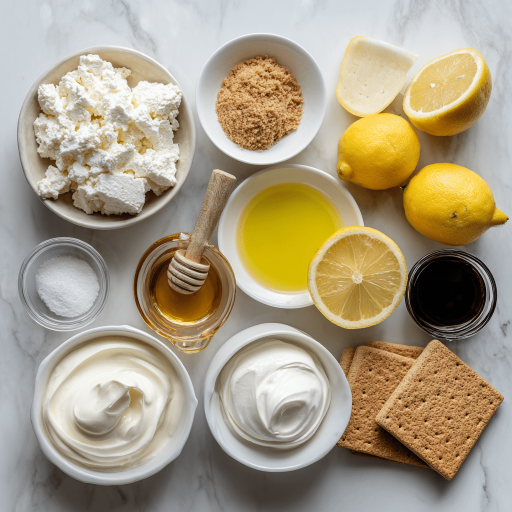 Ingredients for no-bake cottage cheese cheesecake