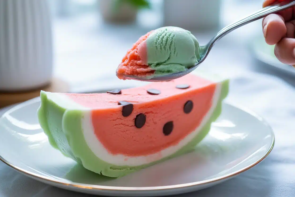 serving-watermelon-ice-cream-cake Slice of ice cream watermelon cake served with mint