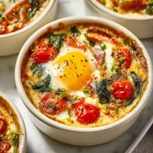 Baked feta eggs with tomatoes and spinach in a serving dish