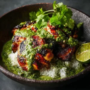 Plate of delicious Peruvian chicken with creamy green sauce