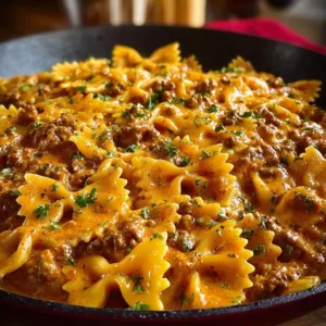 Cajun Cream Cheese Alfredo Bowties with Spiced Ground Beef served in a bowl