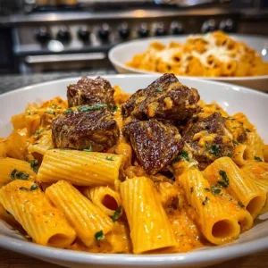 Cajun Steak Tips with Cheesy Rigatoni on a plate, garnished and ready to serve.
