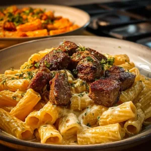 Cajun steak tips served with creamy Parmesan rigatoni on a plate