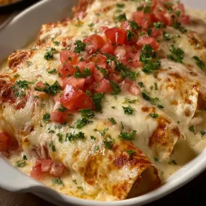Cheese chicken enchiladas bake topped with melted cheese and garnished with cilantro