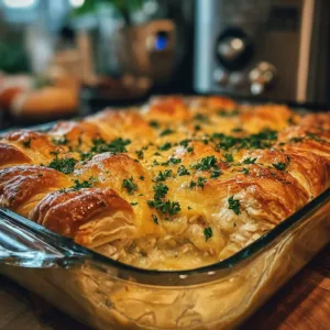 Cheesy Chicken Crescent Bake dessert with gooey cheese and flaky crescent rolls