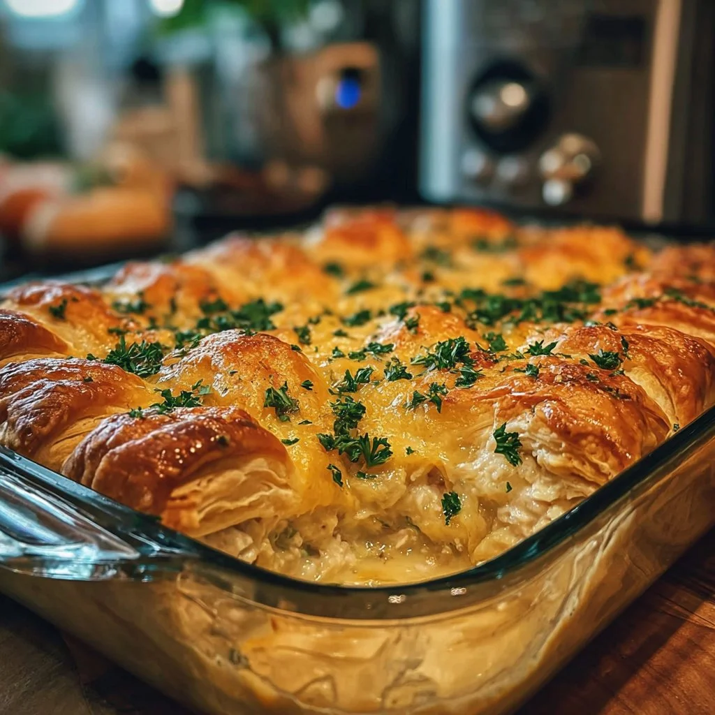 Cheesy Chicken Crescent Bake dessert with gooey cheese and flaky crescent rolls