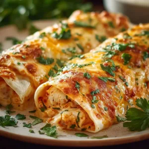 Cheesy chicken garlic wraps served on a plate, garnished with herbs.