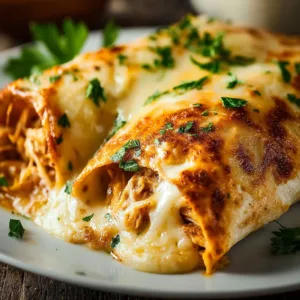 Cheesy Garlic Chicken Wraps with melted cheese and garlic sauce on a plate