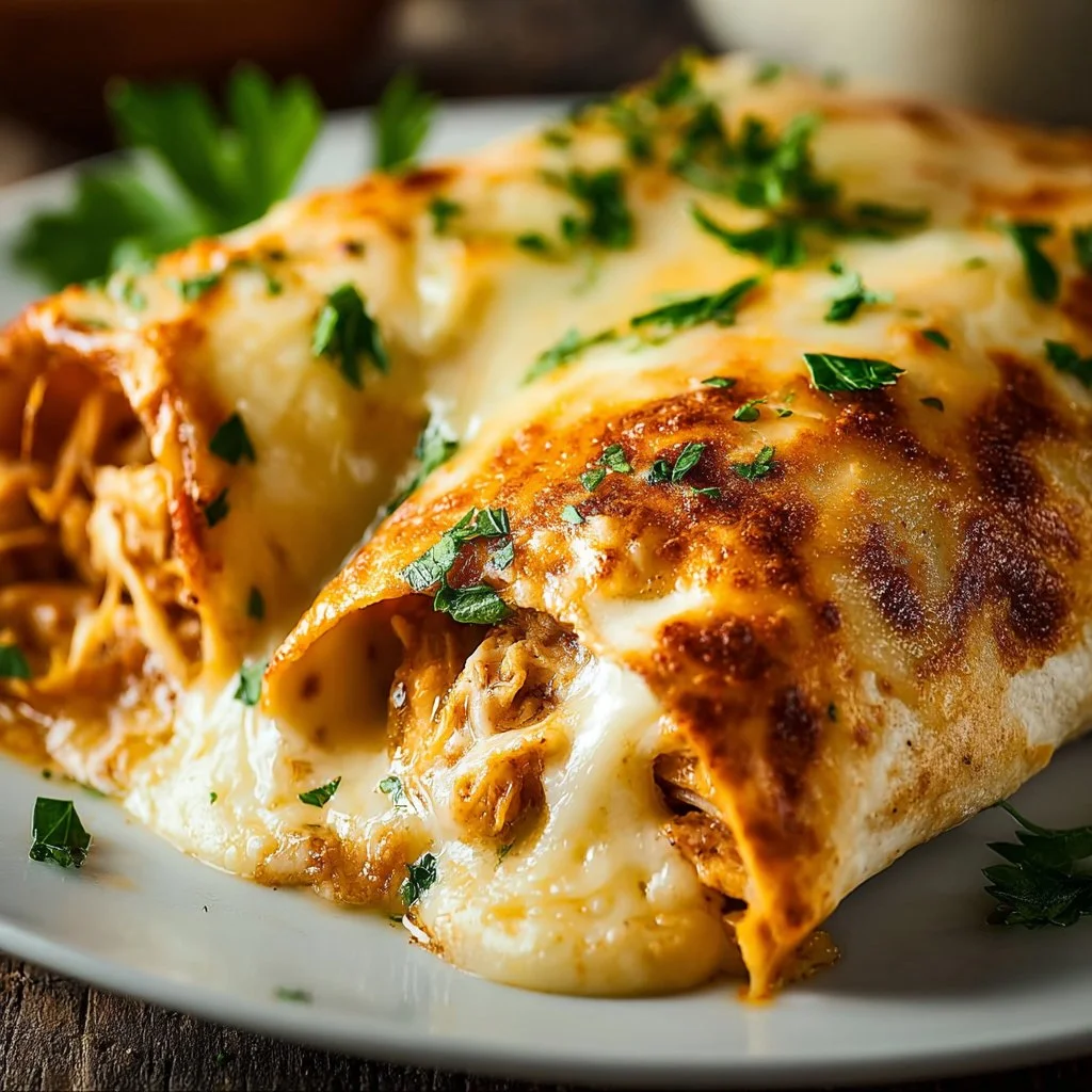 Cheesy Garlic Chicken Wraps with melted cheese and garlic sauce on a plate