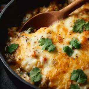 Delicious Chicken Fajita Casserole topped with colorful peppers and cheese