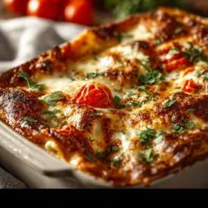Delicious Chicken Parmesan Casserole topped with melted cheese and herbs