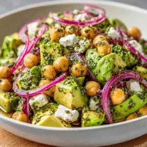 Chickpea Feta Avocado Salad with fresh ingredients in a bowl