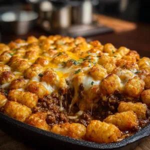 Delicious Chili Cheese Tater Tot Casserole topped with melted cheese and chili