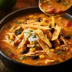 Bowl of classic chicken tortilla soup garnished with tortilla strips and cilantro