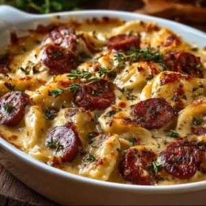 Classic Crockpot Pierogi Casserole with Kielbasa dish served on a plate