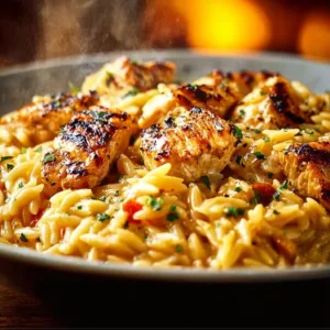 Creamy Cajun Chicken Alfredo Orzo served in a bowl topped with herbs