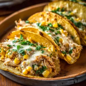 Corn tortilla white chicken chili tacos with garnishes on a plate.