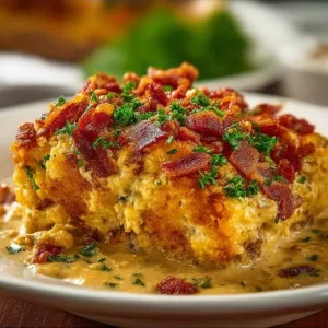 Delicious Cowboy Casserole served in a baking dish with ingredients visible