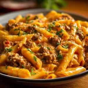 Creamy beef pasta dish with rich sauce and garnished herbs