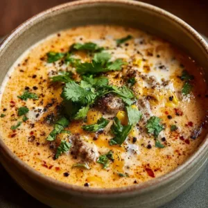 Delicious creamy cowboy soup served in a bowl with fresh ingredients