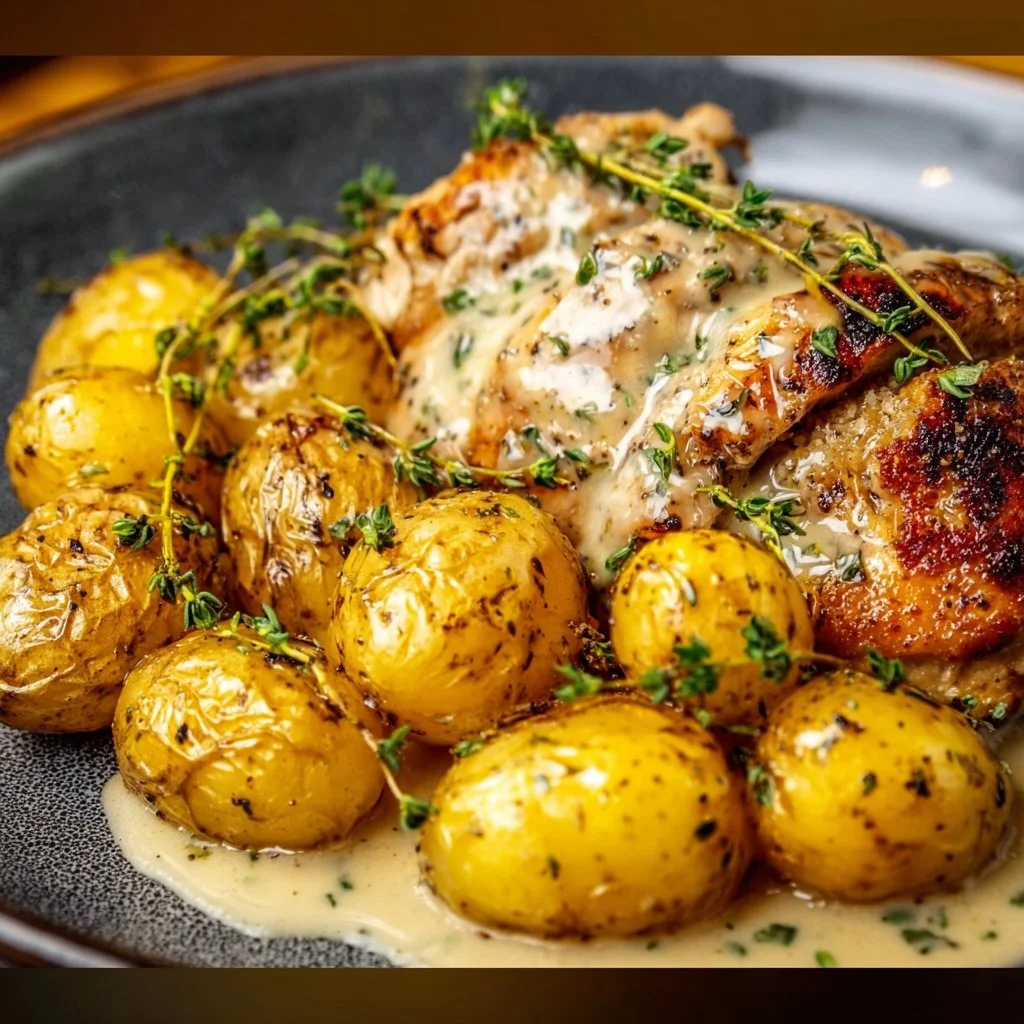Creamy garlic chicken served with potatoes for a flavorful dinner dish