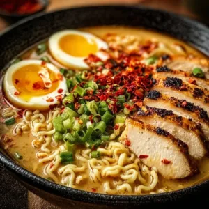 Bowl of creamy garlic chicken ramen topped with herbs and spices