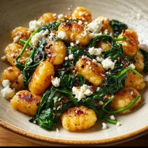 Creamy gnocchi dish with spinach and feta in a bowl