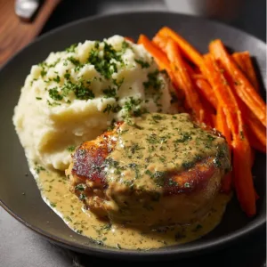 Creamy herb chicken dish served with mashed potatoes and glazed carrots